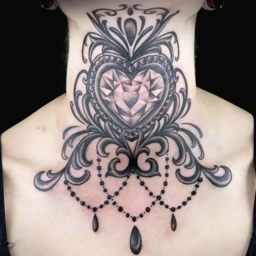  Black and Gray Victorian Throat Tattoo